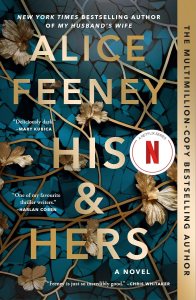 Cover of the novel 'His & Hers' by Alice Feeney, featuring a blue background with gold foliage and the title prominently displayed.