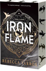 Book cover of 'Iron Flame' by Rebecca Yarros featuring a dark design with intricate patterns and dragons.