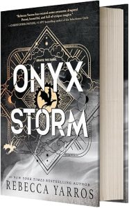 Book cover for 'Onyx Storm' by Rebecca Yarros, featuring a stylized design with the title prominently displayed.