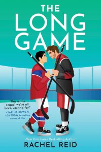 Book cover for 'The Long Game' by Rachel Reid, featuring two male hockey players in jerseys, standing close together on an ice rink background.