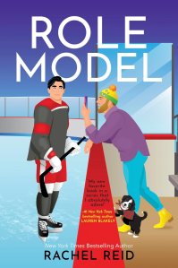 Book cover for 'Role Model' by Rachel Reid, featuring a hockey player in a uniform and a playful figure in casual attire, with an illustration style and a vibrant background.