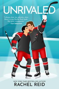 Illustration of two male hockey players embracing on the cover of the book 'Unrivaled' by Rachel Reid, with a light blue background and a quote from Cat Sebastian.