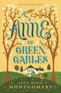 Cover of 'Anne of Green Gables' by Lucy Maud Montgomery, featuring a yellow background, stylized trees, and a depiction of a house with a rooster.