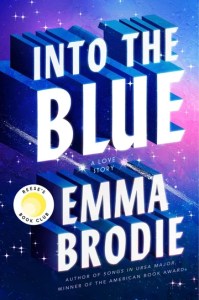 Book cover for 'Into the Blue: A Love Story' by Emma Brodie, featuring a vibrant blue and purple background with stylized text.