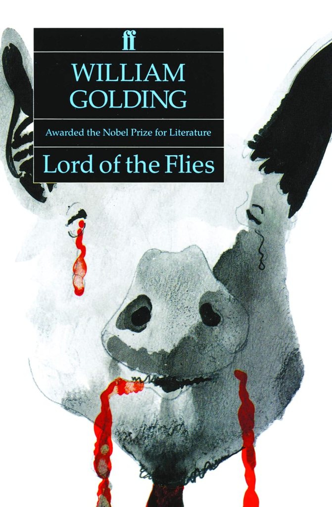 Book cover of 'Lord of the Flies' by William Golding featuring a sketch of a pig's skull with blood, symbolizing the novel's themes of savagery and civilization.