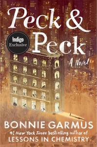 Cover of the novel 'Peck & Peck' by Bonnie Garmus, featuring a stylized illustration of a building against a cityscape background, with the text 'Indigo Exclusive' and author name prominently displayed.