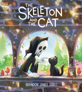 Cover of the book 'The Skeleton and the Cat' by Brandon James Scott, featuring a whimsical illustration of a skeleton in a hooded cloak interacting with a black cat amidst a colorful garden setting.