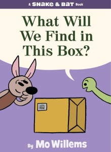 Book cover of 'What Will We Find in This Box?' by Mo Willems, featuring cartoon characters Snake and Bat looking at a package against a purple background.