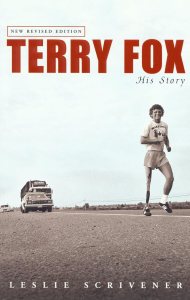 Cover of the book 'Terry Fox: His Story' by Leslie Scrivener featuring Terry Fox running on a road with a van in the background.