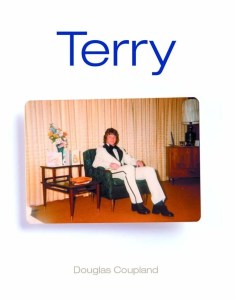 A vintage photo of a man in a white suit sitting on a green chair with brown wooden furniture in the background, titled 'Terry' by Douglas Coupland.
