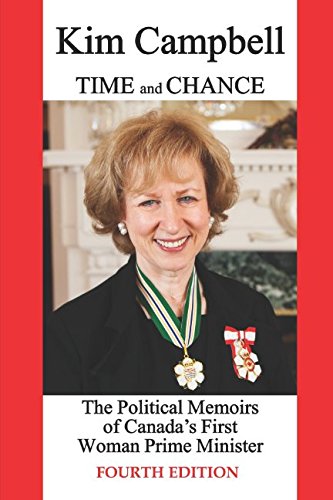 Cover of the book 'Time and Chance' by Kim Campbell, featuring a portrait of her smiling, wearing a medal, with a decorative background.