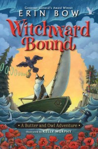 Cover of the book 'Witchward Bound' by Erin Bow, featuring a cat on a boat with a crow flying above and a colorful landscape in the background.